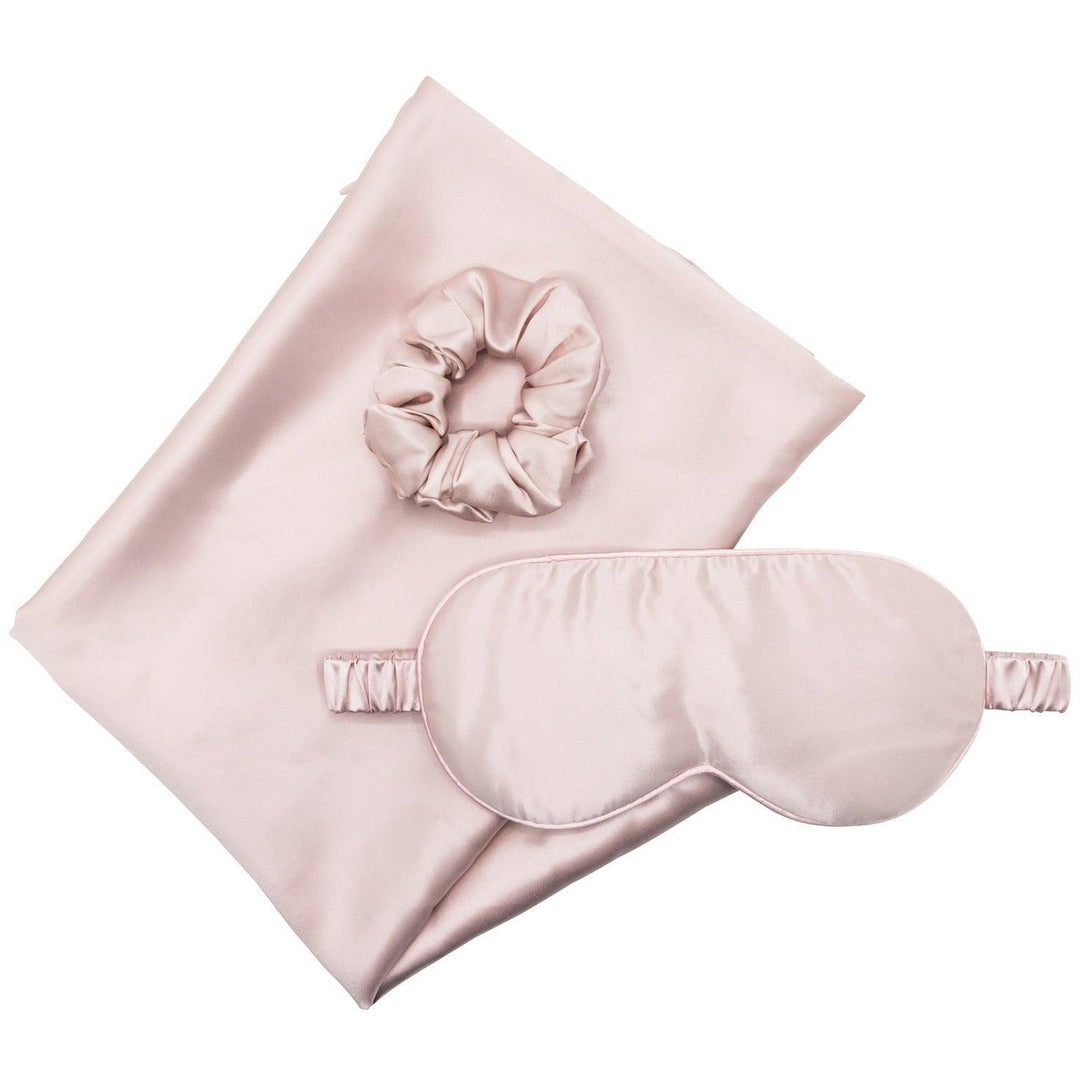 Pink Moon Flower silk sleep gift set on a plain background