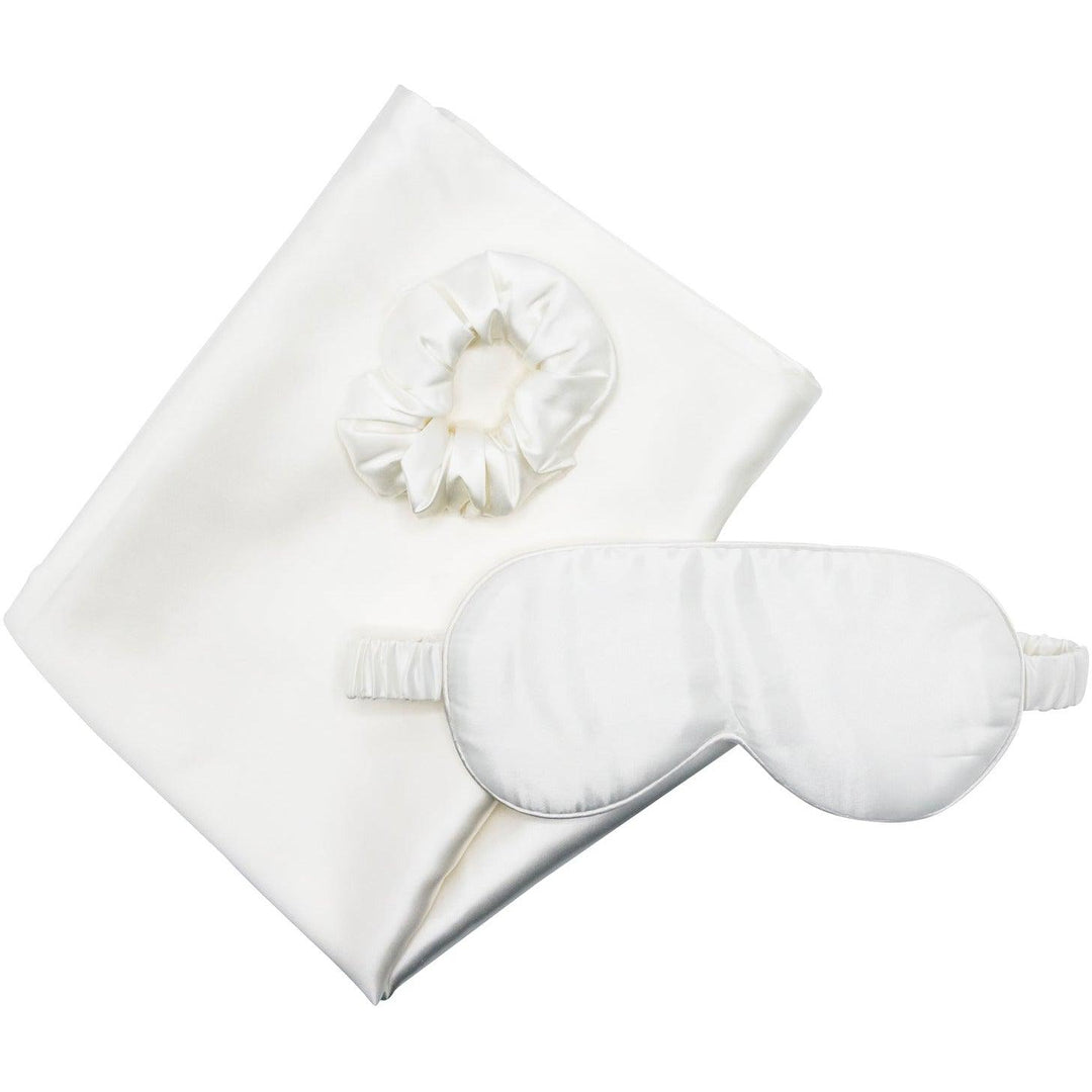 White silk eye mask and scrunchie set from the White Moon Flower collection