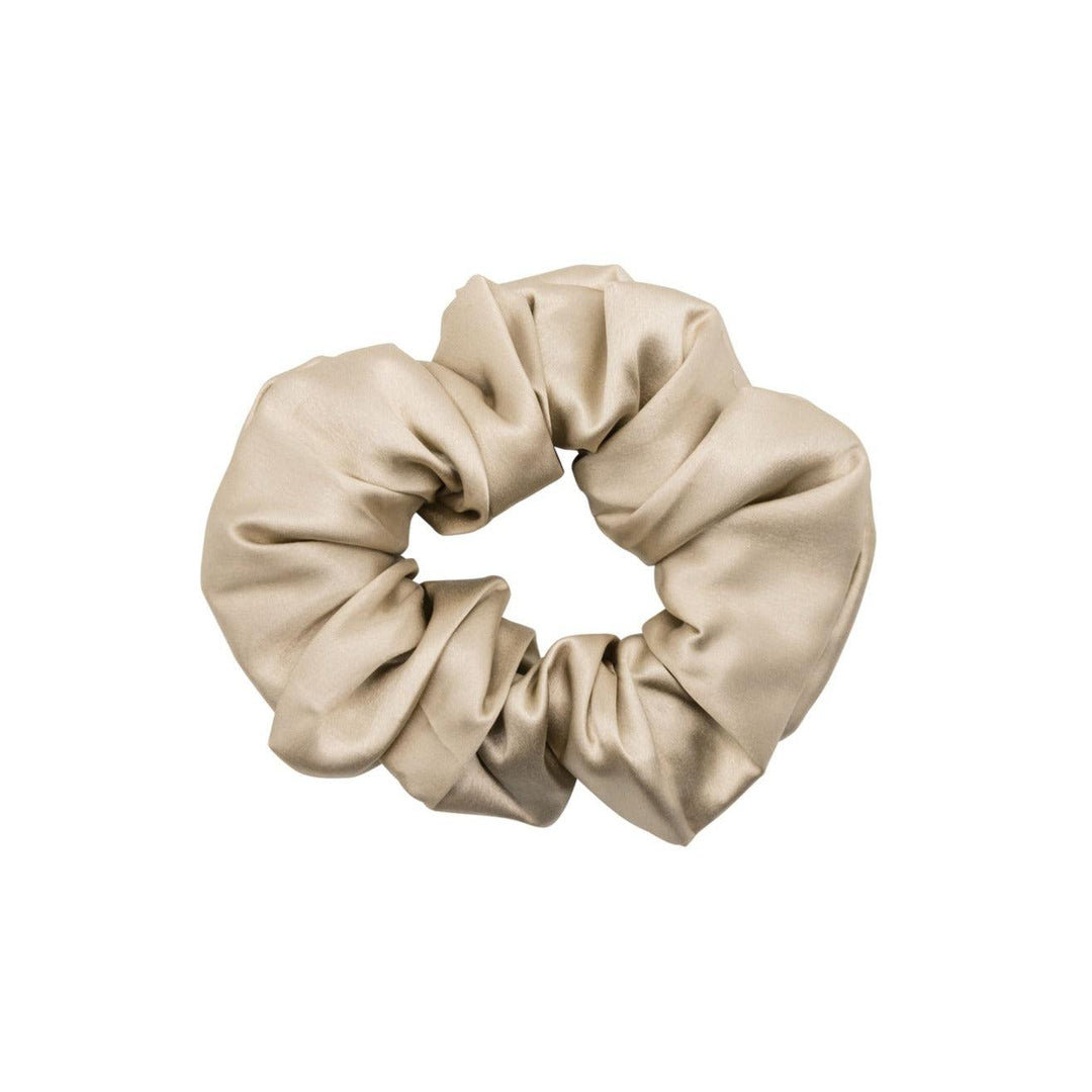 A beige silk hair scrunchie from the Champagne Moon Flower collectio